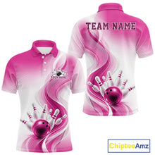 Load image into Gallery viewer, Front and back mockup of a mens white and pink bowling polo shirt featuring flowing wave artwork and a glossy bowling ball knocking down pins