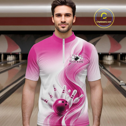 Front view of a male model wearing a white and pink bowling quarter-zip shirt with elegant wave motifs and bowling-themed graphics