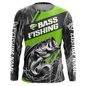 Black And Green Camo Bass Long Sleeve Tournament Fishing Shirts, Custom Bass Fishing Jerseys IPHW6684