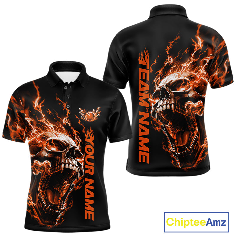 Product mockup showing a black short-sleeve bowling shirt with glowing orange flames, a large skull design, and customizable name and team text.