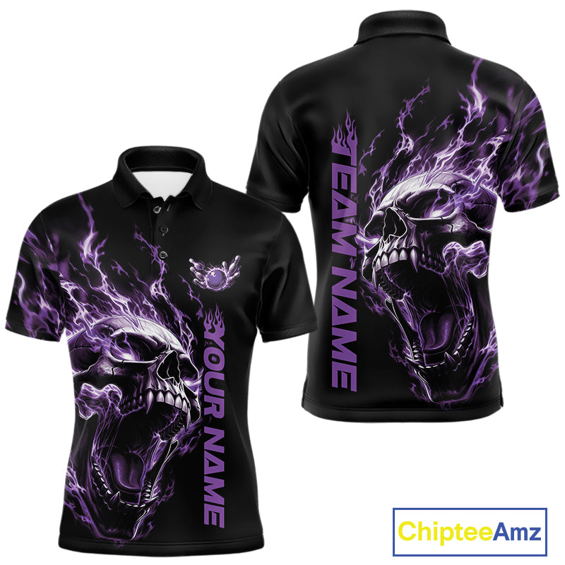 Product mockup showing a black short-sleeve bowling shirt with glowing purple flames, a large skull design, and customizable name and team text.
