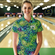 Load image into Gallery viewer, Smiling woman in a bowling alley wearing a gold, brown, and black leopard-print bowling polo with a small bowling pins graphic and “Your Name” on the chest.