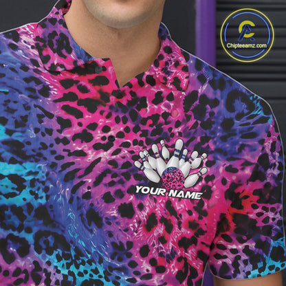 Close-up of a yellow, brown, and black leopard-print bowling shirt with a chest graphic showing pins, a patterned bowling ball, and “Your Name.”