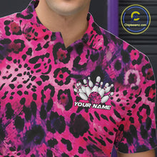 Load image into Gallery viewer, Close-up of a yellow, brown, and black leopard-print bowling shirt with a chest graphic showing pins, a patterned bowling ball, and “Your Name.”