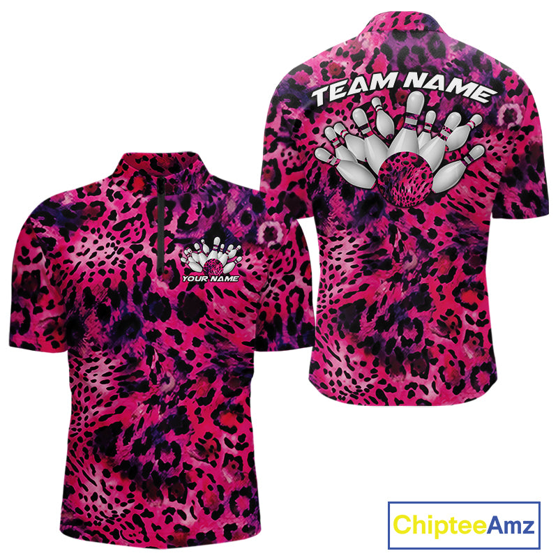 Front and back views of a mens pink, purple, and black leopard-print bowling quarter zip collar, chest name text, and team name on the back.

