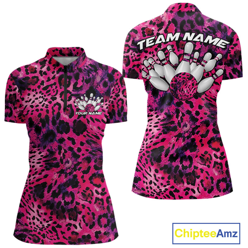 Front and back views of a womens pink, purple, and black leopard-print bowling quarter zip collar, chest name text, and team name on the back.