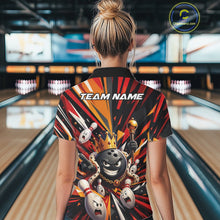 Load image into Gallery viewer, Back view of a female model at a bowling lane wearing a black, red, and orange bowling quarter-zip shirt featuring a crowned cartoon bowling ball holding a royal scepter alongside animated bowling pins with vibrant radiating color bursts.