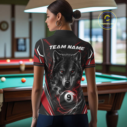 Custom Black And Red Smoke Flame 9 Ball And Wolf Billiards Women Polo Shirt, Pool Shirt IPHW11676
