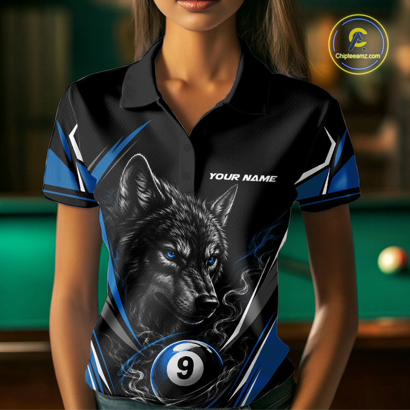 Custom Black And Blue Smoke Flame 9 Ball And Wolf Billiards Women Polo Shirt, Pool Shirt IPHW11677