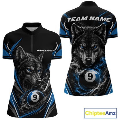 Custom Black And Blue Smoke Flame 9 Ball And Wolf Billiards Women Quarter-Zip Shirt IPHW11677