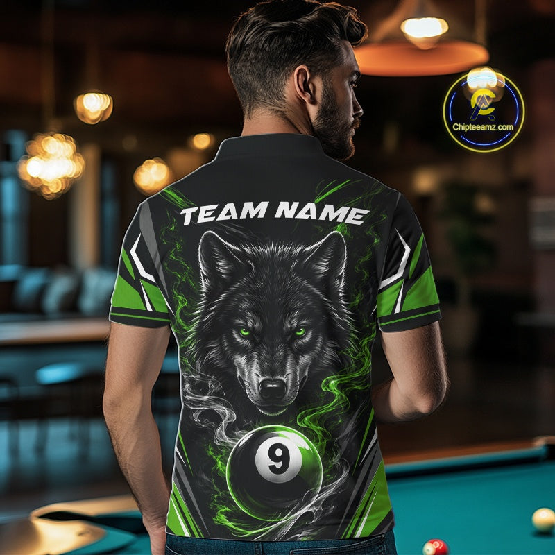 Custom Black And Green Smoke Flame 9 Ball And Wolf Billiards Men Polo Shirt, Pool Shirt IPHW11678