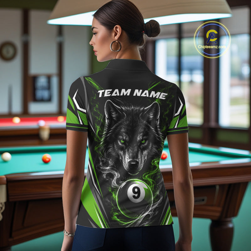Custom Black And Green Smoke Flame 9 Ball And Wolf Billiards Women Polo Shirt, Pool Shirt IPHW11678