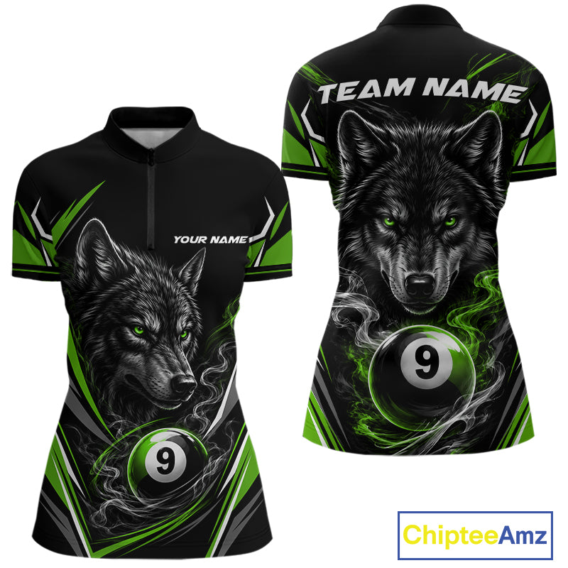 Custom Black And Green Smoke Flame 9 Ball And Wolf Billiards Women Quarter-Zip Shirt IPHW11678