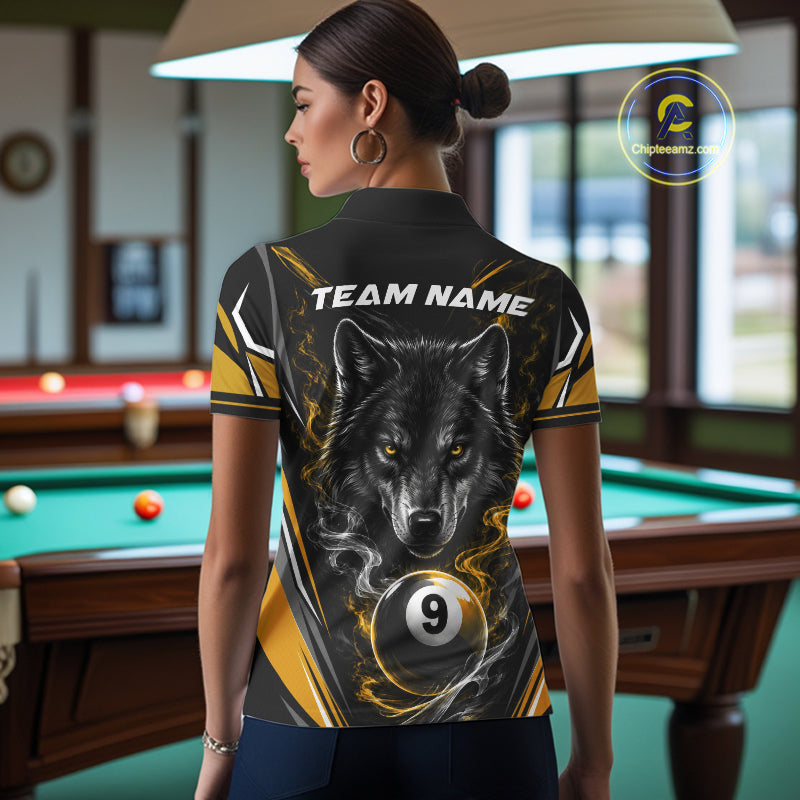 Custom Black And Yellow Smoke Flame 9 Ball And Wolf Billiards Women Polo Shirt, Pool Shirt IPHW11679