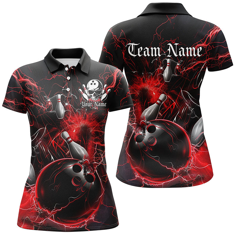 Black And Red Thunder Lightning Custom Ladies Bowling Shirts, Bowling Uniform Bowling Team IPHW7261