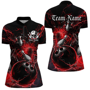 Black And Red Thunder Lightning Custom Ladies Bowling Shirts, Bowling Uniform Bowling Team IPHW7261