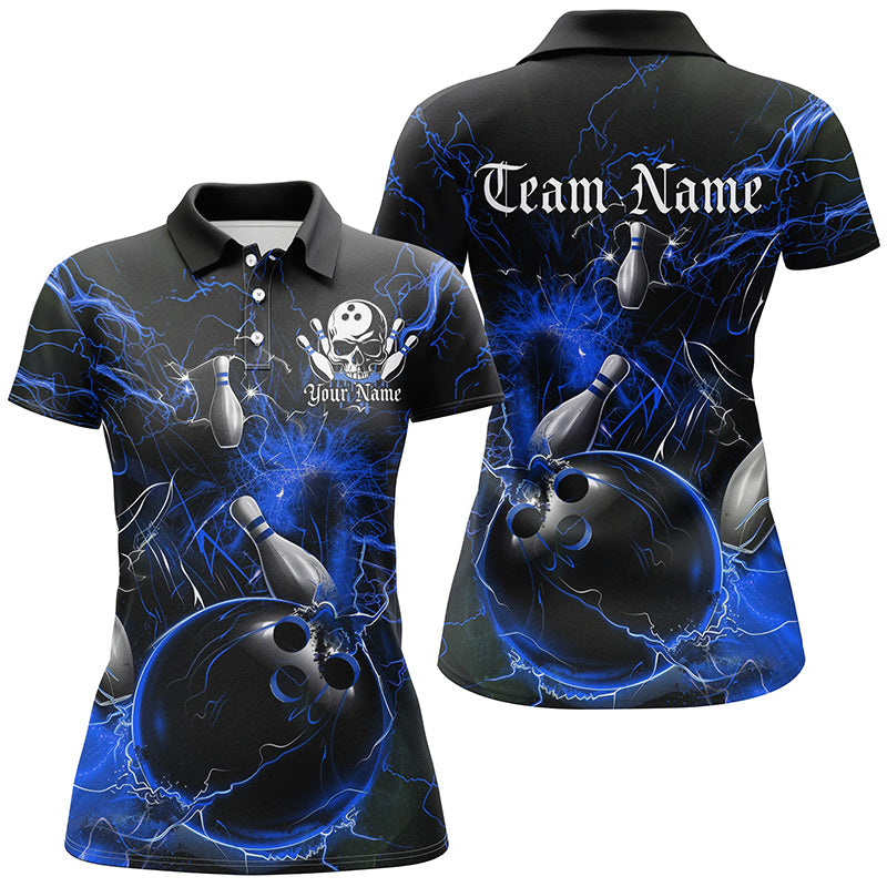 Black And Blue Thunder Lightning Custom Ladies Bowling Shirts, Bowling Uniform Bowling Team IPHW7262