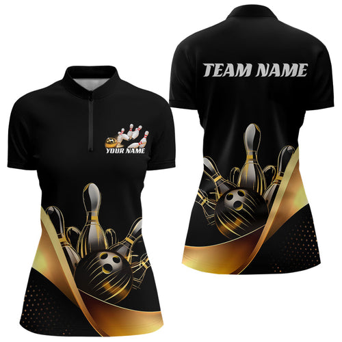 Custom Black And Gold Bowling Quarter-Zip Shirts For Women, Bowling Team Shirt Bowlers Outfits IPHW8014