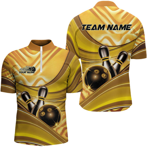 Custom Black And Gold Bowling Jerseys For Men, Bowling Team Quarter-Zip Shirts With Name IPHW8017