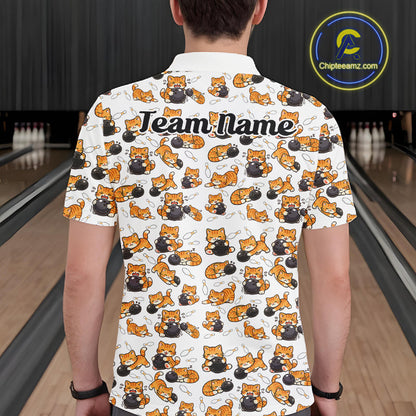Custom Cute Ginger Tabby Cat Bowling Men Polo Shirts, Cat Bowling Team Shirt IPHW10303