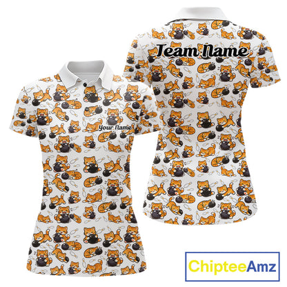 Custom Cute Ginger Tabby Cat Bowling Women Polo Shirts, Cat Bowling Team Shirt IPHW10303