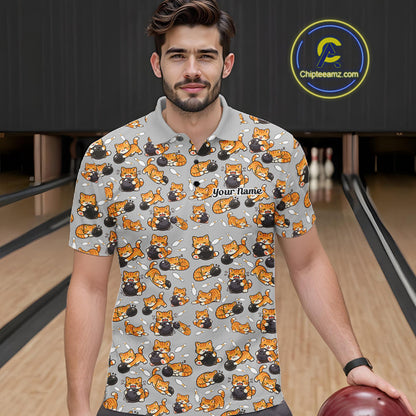 Custom Cute Ginger Tabby Cat Bowling Men Polo Shirts, Cat Bowling Team Shirt IPHW10304