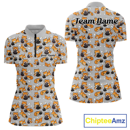 Custom Cute Ginger Tabby Cat Bowling Women Quarter-Zip Shirts, Cat Bowling Team Shirt IPHW10304