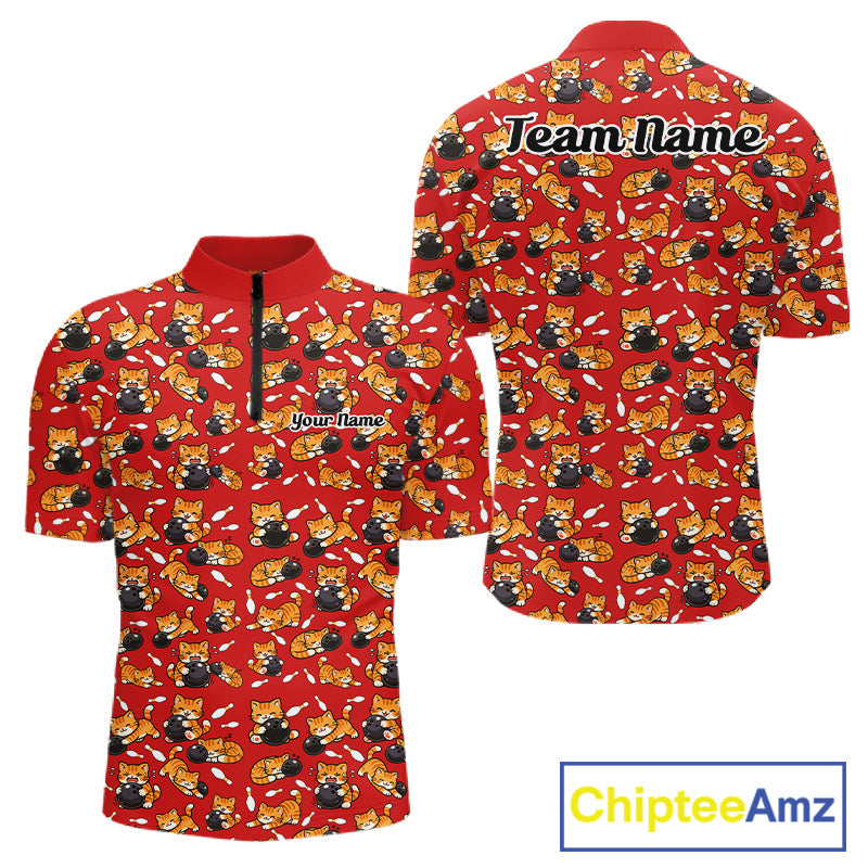 Custom Cute Ginger Tabby Cat Bowling Men Quarter-Zip Shirts, Cat Bowling Team Shirt IPHW10305