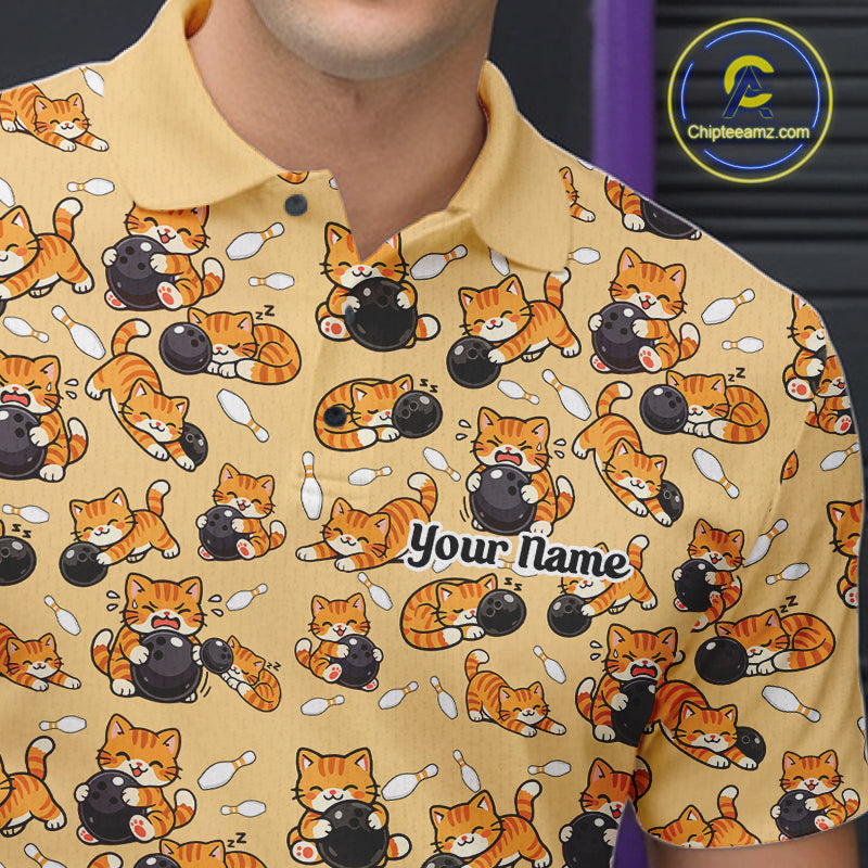 Custom Cute Ginger Tabby Cat Bowling Men Polo Shirts, Cat Bowling Team Shirt IPHW10306