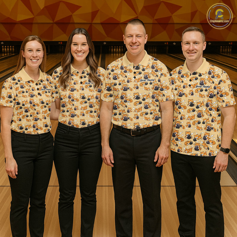 Custom Cute Ginger Tabby Cat Bowling Men Polo Shirts, Cat Bowling Team Shirt IPHW10306