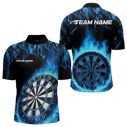 Custom Black And Blue Fire Flame Dartboard Dart Quarter-Zip Shirts For Men, Dart Tournament Shirt IPHW8493