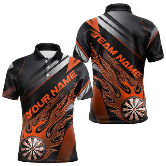 Custom Black And Orange Flame Dartboard Dart Team Polo Shirts For Men, Fire Dart Jerseys IPHW8507