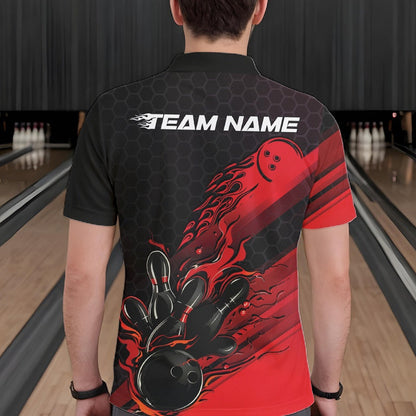 Custom Black And Red Flame Bowling Team Shirts, Bowling League Shirt Men Bowling Jersey IPHW10574