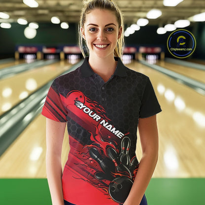 Custom Black And Red Flame Bowling Team Shirts, Bowling League Shirt Women Bowling Jersey IPHW10574