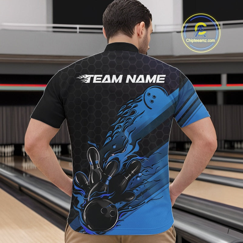 Custom Black And Blue Flame Bowling Team Shirts, Bowling League Shirt Men Bowling Jersey IPHW10575