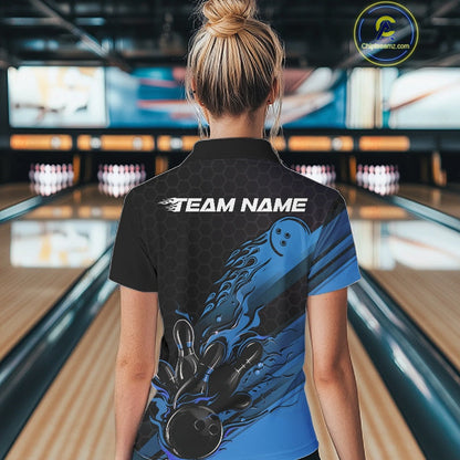 Custom Black And Blue Flame Bowling Team Shirts, Bowling League Shirt Women Jersey IPHW10575