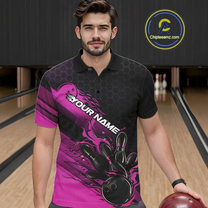 Custom Black And Pink Flame Bowling Team Shirts, Bowling League Shirt Men Bowling Jersey IPHW10576