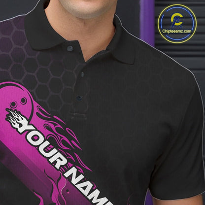 Custom Black And Pink Flame Bowling Team Shirts, Bowling League Shirt Men Bowling Jersey IPHW10576