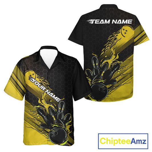 Custom Black And Yellow Flame Bowling Team Shirts, Bowling League Shirt Men And Women Bowling Jersey IPHW10577