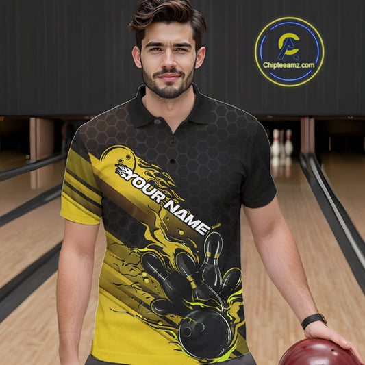 Custom Black And Yellow Flame Bowling Team Shirts, Bowling League Shirt Men Bowling Jersey IPHW10577