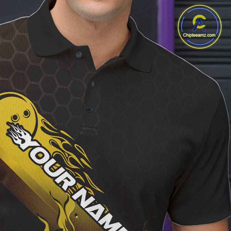 Custom Black And Yellow Flame Bowling Team Shirts, Bowling League Shirt Men Bowling Jersey IPHW10577