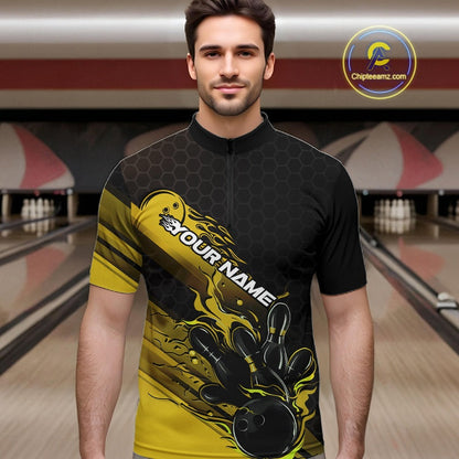 Custom Black And Yellow Flame Bowling Team Shirts, Bowling League Shirt Men Bowling Jersey IPHW10577