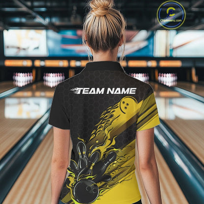 Custom Black And Yellow Flame Bowling Team Shirts, Bowling League Shirt Women Jersey IPHW10577