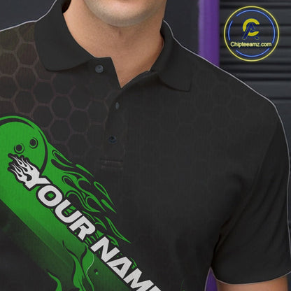 Custom Black And Green Flame Bowling Team Shirts, Bowling League Shirt Men Bowling Jersey IPHW10578