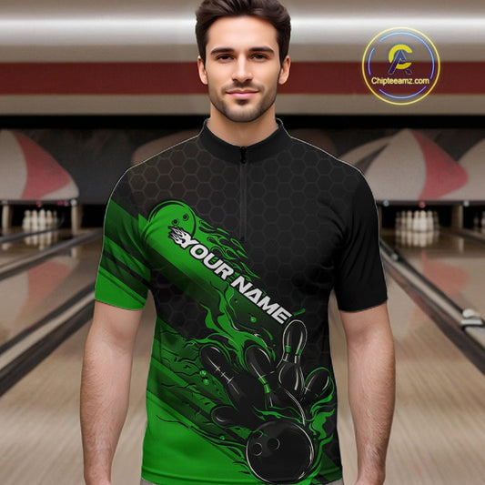 Custom Black And Green Flame Bowling Team Shirts, Bowling League Shirt Men Bowling Jersey IPHW10578