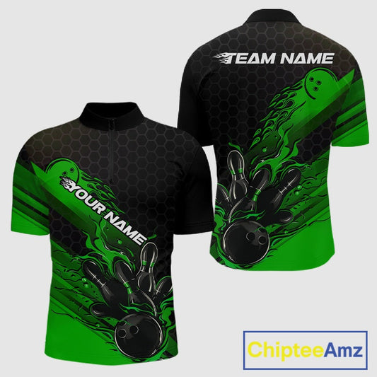 Custom Black And Green Flame Bowling Team Shirts, Bowling League Shirt Men Bowling Jersey IPHW10578