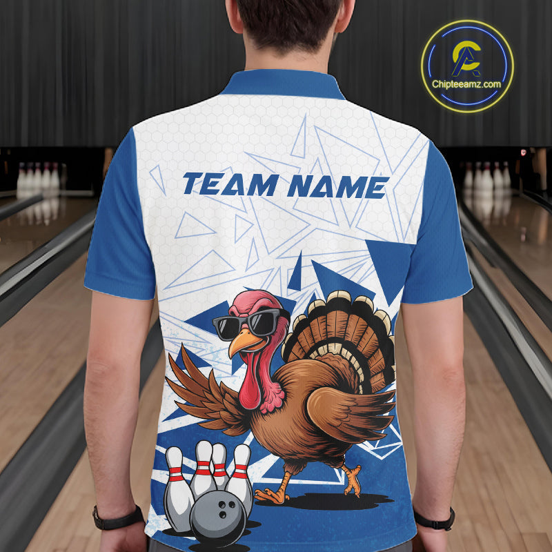 White And Blue Custom Funny Turkey Bowling Men Shirt, Bowling League Team Shirt IPHW10805