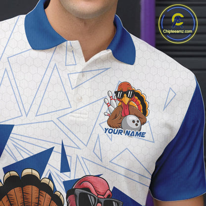 White And Blue Custom Funny Turkey Bowling Men Shirt, Bowling League Team Shirt IPHW10805