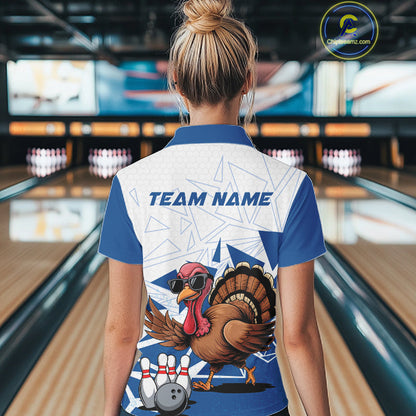 White And Blue Custom Funny Turkey Bowling Women Shirt, Bowling League Team Shirt IPHW10805