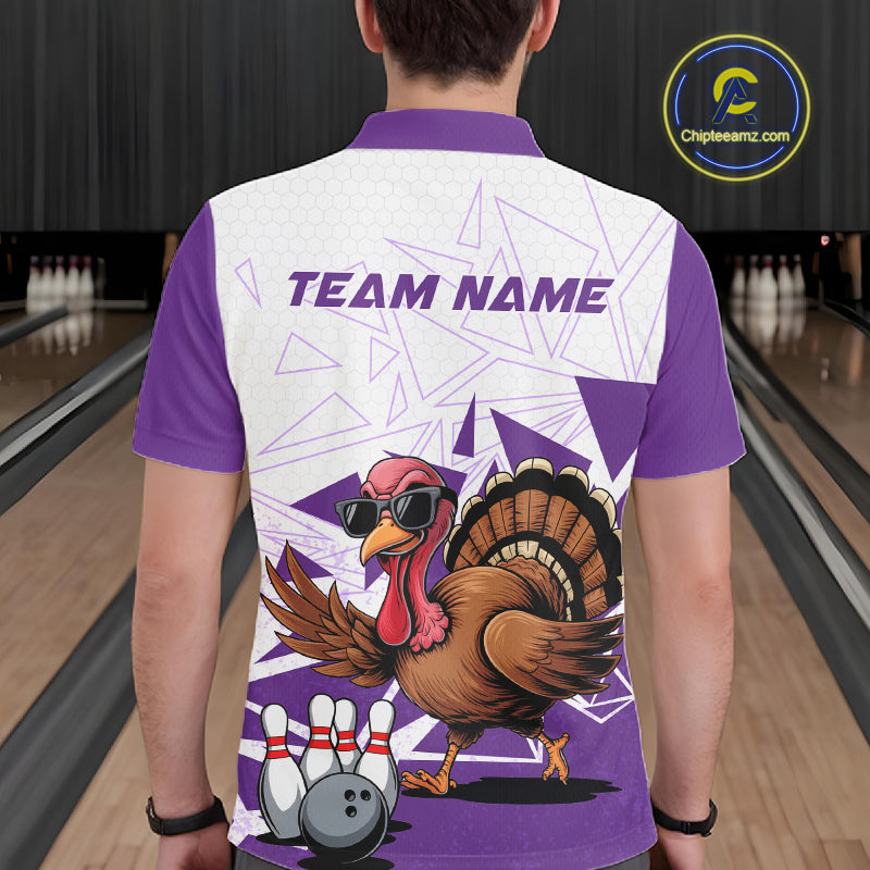 White And Purple Custom Funny Turkey Bowling Men Shirt, Bowling League Team Shirt IPHW10806